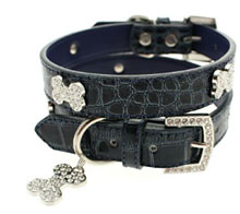 view this blue crocodile leather Diamante collar with bone charm for trendy dogs!